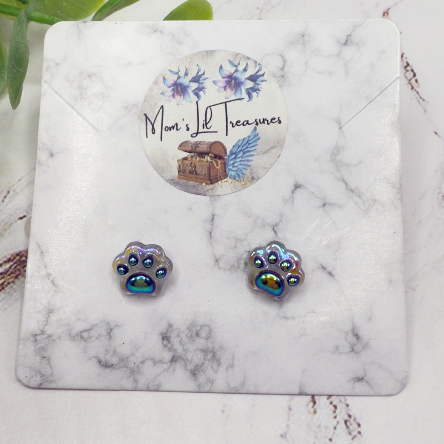 Dark Blue Iridescent Acrylic Paw Print Doll Earrings • 18 Inch Fashion Doll Jewelry