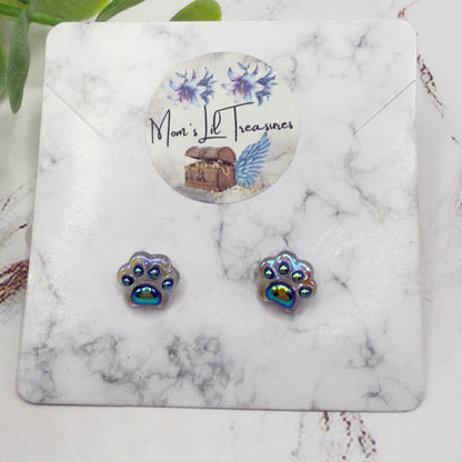Dark Blue Iridescent Acrylic Paw Print Doll Earrings • 18 Inch Fashion Doll Jewelry