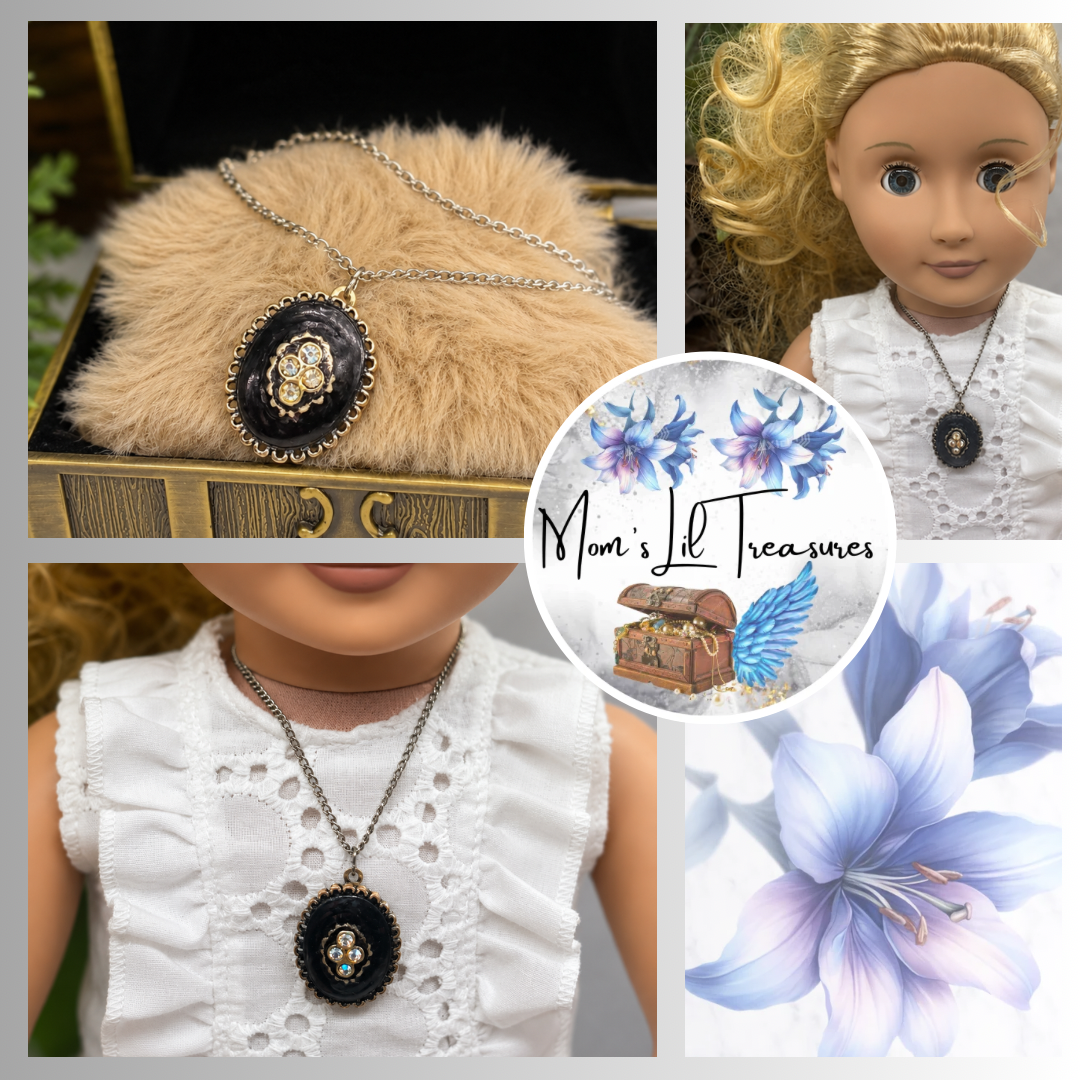 Oval Black Locket Rhinestone Detail Doll Necklace • 18 Inch Fashion Doll Jewelry