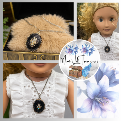 Oval Black Locket Rhinestone Detail Doll Necklace • 18 Inch Fashion Doll Jewelry