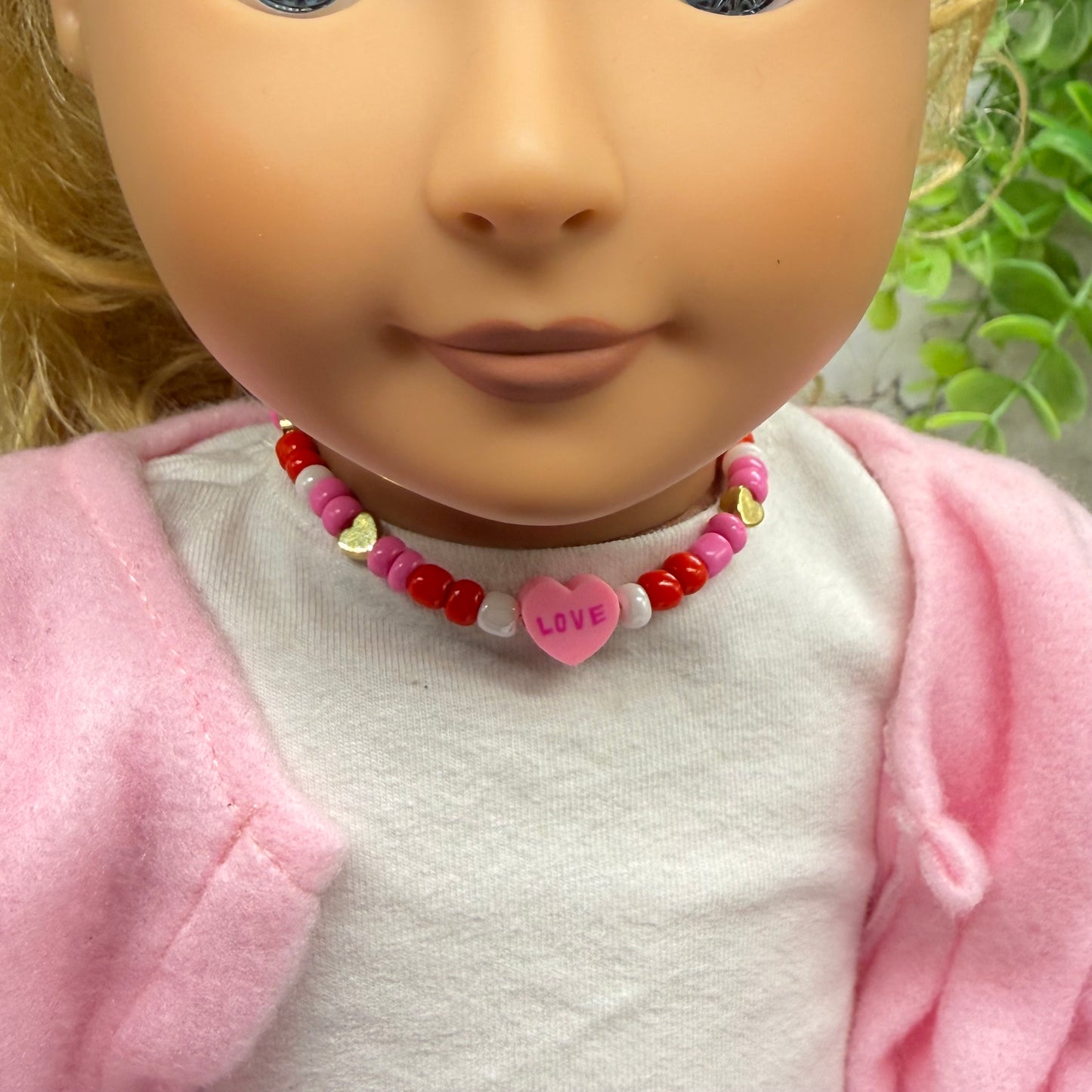 Pink Red White Beaded Love Heart Valentine’s Day Necklace • 18 Inch Fashion Doll Jewelry