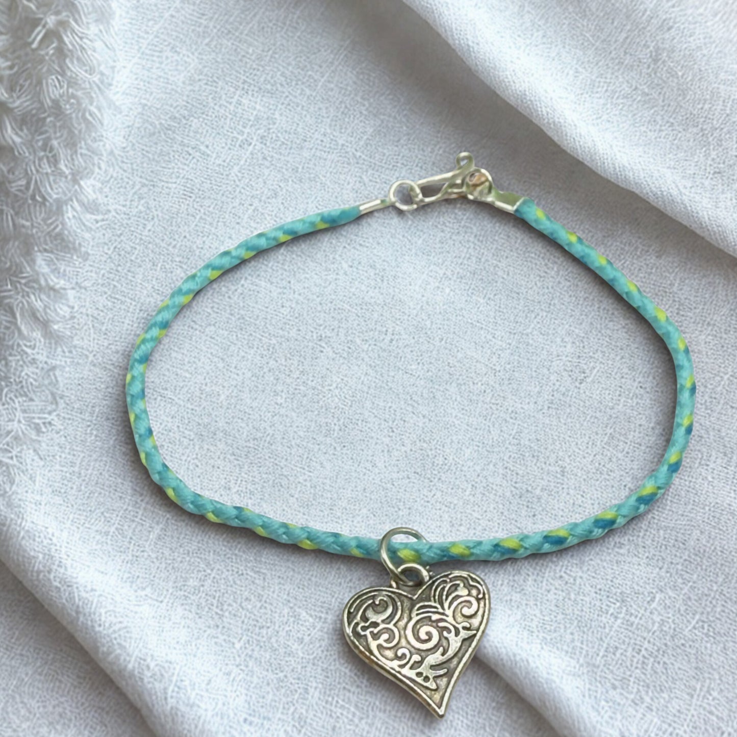 Turquoise Light Blue Braided Thread Doll Necklace Silver Heart Charm • 18 Inch Fashion Doll Jewelry
