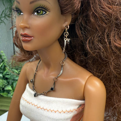 Black Rhinestone Bronze Copper Link Doll Necklace Earrings Set 16” Doll Jewelry