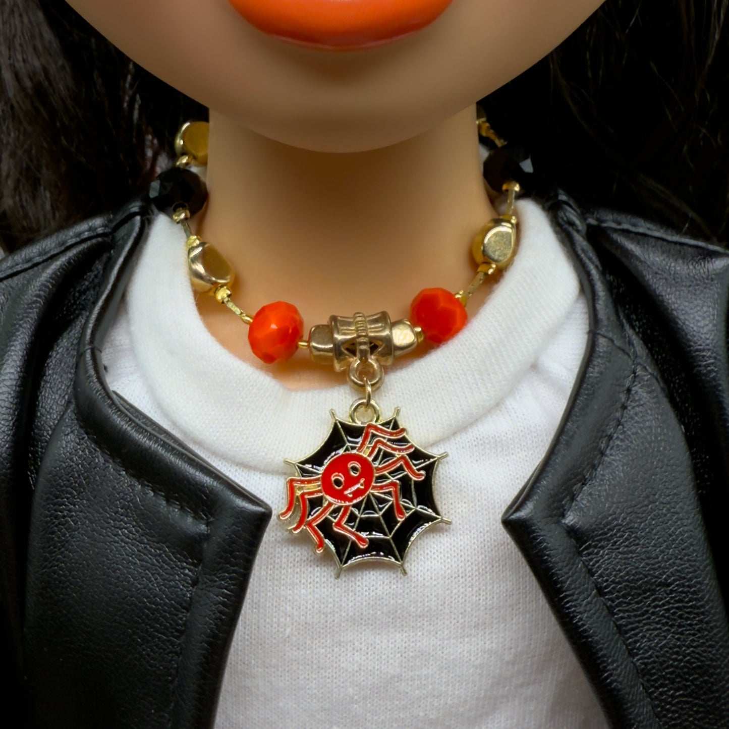 Black Red Spider Web Halloween Charm Beaded Gold Chain Doll Necklace • 18 Inch Fashion Doll Jewelry
