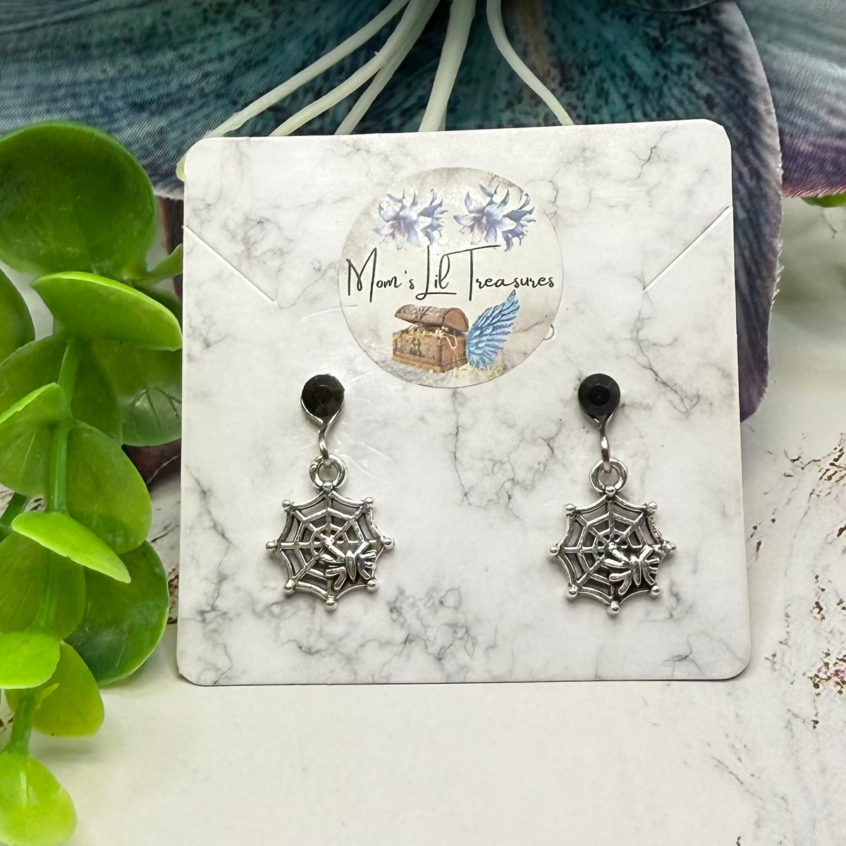 Silver Spider Web Halloween Dangle Black Rhinestone 2mm Post Doll Earrings • fits 18 Inch Doll • American Girl