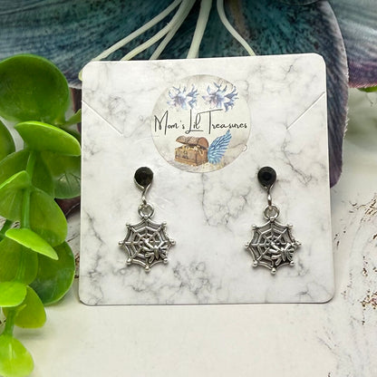 Silver Spider Web Halloween Dangle Black Rhinestone 2mm Post Doll Earrings • fits 18 Inch Doll • American Girl
