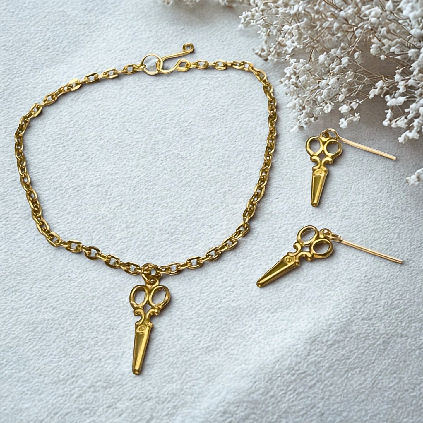 Gold Vintage Style Scissors Charm Doll Necklace & Earrings Set • 18 Inch Fashion Doll Jewelry