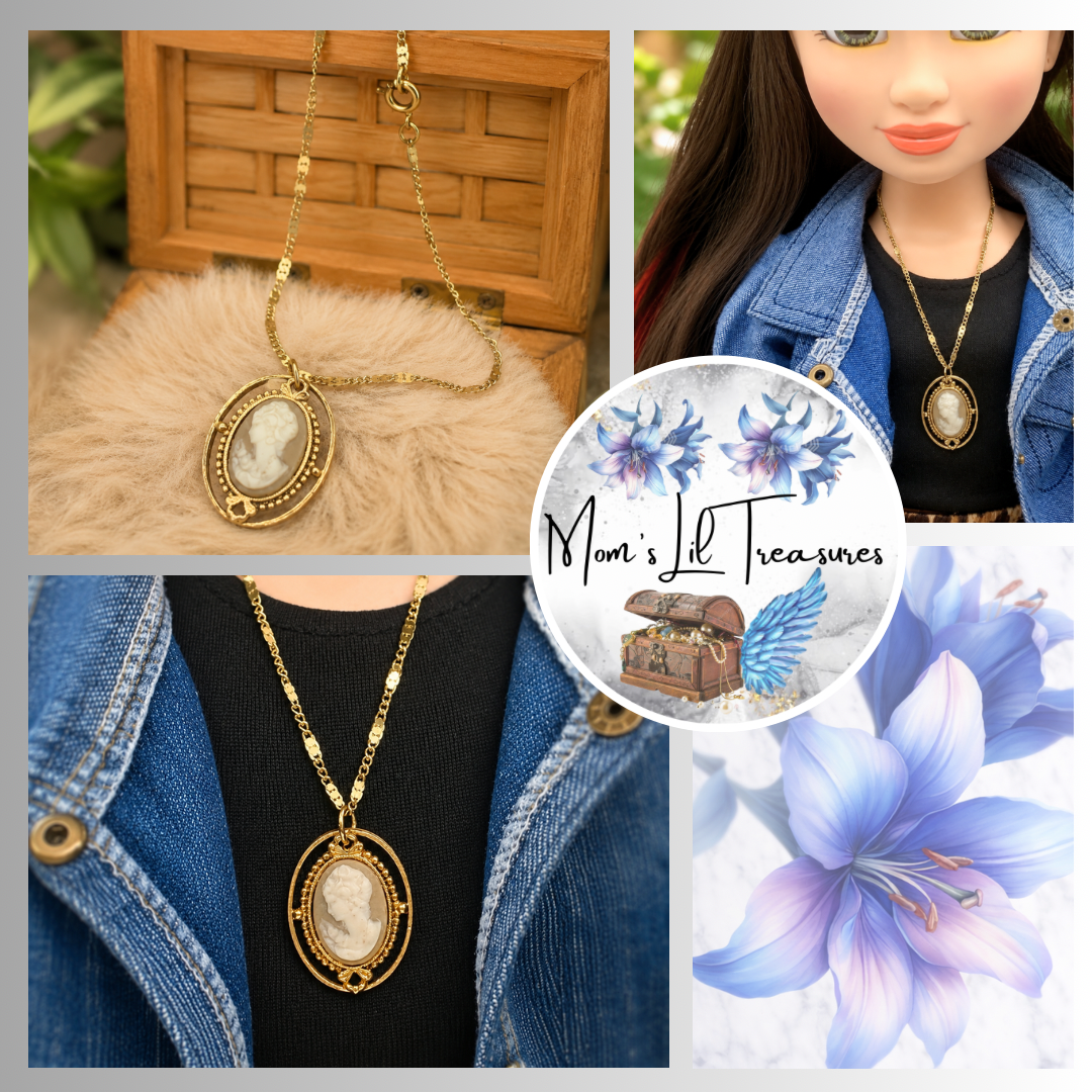 Tan Brown Cameo Gold Tone Doll Necklace • 18 Inch Doll Jewelry