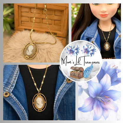 Tan Brown Cameo Gold Tone Doll Necklace • 18 Inch Doll Jewelry