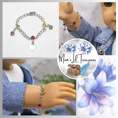 Butterfly Silver Charm and Multi-Color Rhinestone Dangle Doll Bracelet • 18 Inch Fashion Doll Jewelry