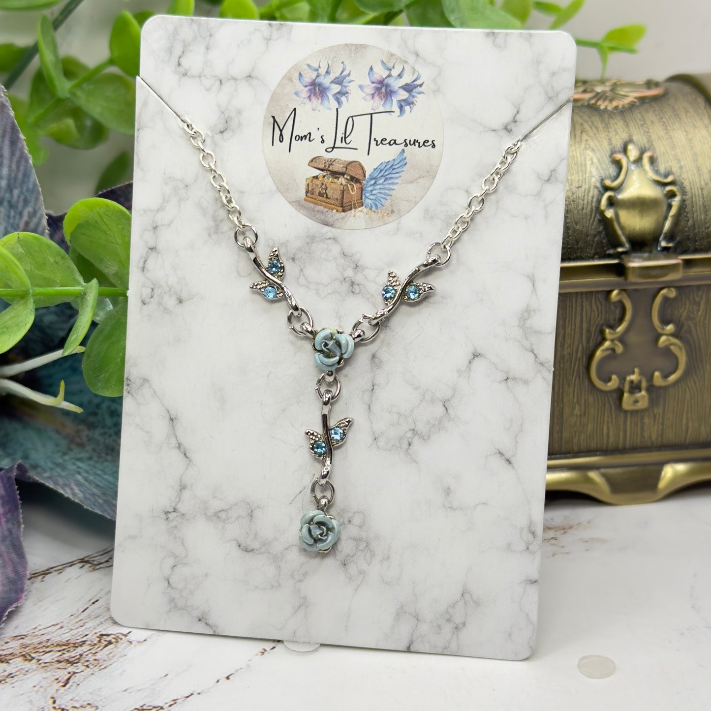Light Blue & Silver 3D Rose Enamel & Rhinestone Accents Y-Design Doll Necklace • 18 Inch Fashion Doll Jewelry