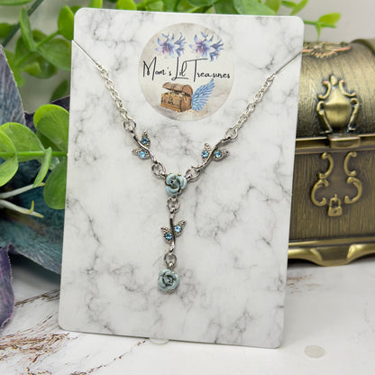 Light Blue & Silver 3D Rose Enamel & Rhinestone Accents Y-Design Doll Necklace • 18 Inch Fashion Doll Jewelry