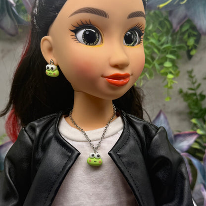Keroppi Cute Frog Charm Necklace & Earrings Set • 18 Inch Fashion Doll Jewelry