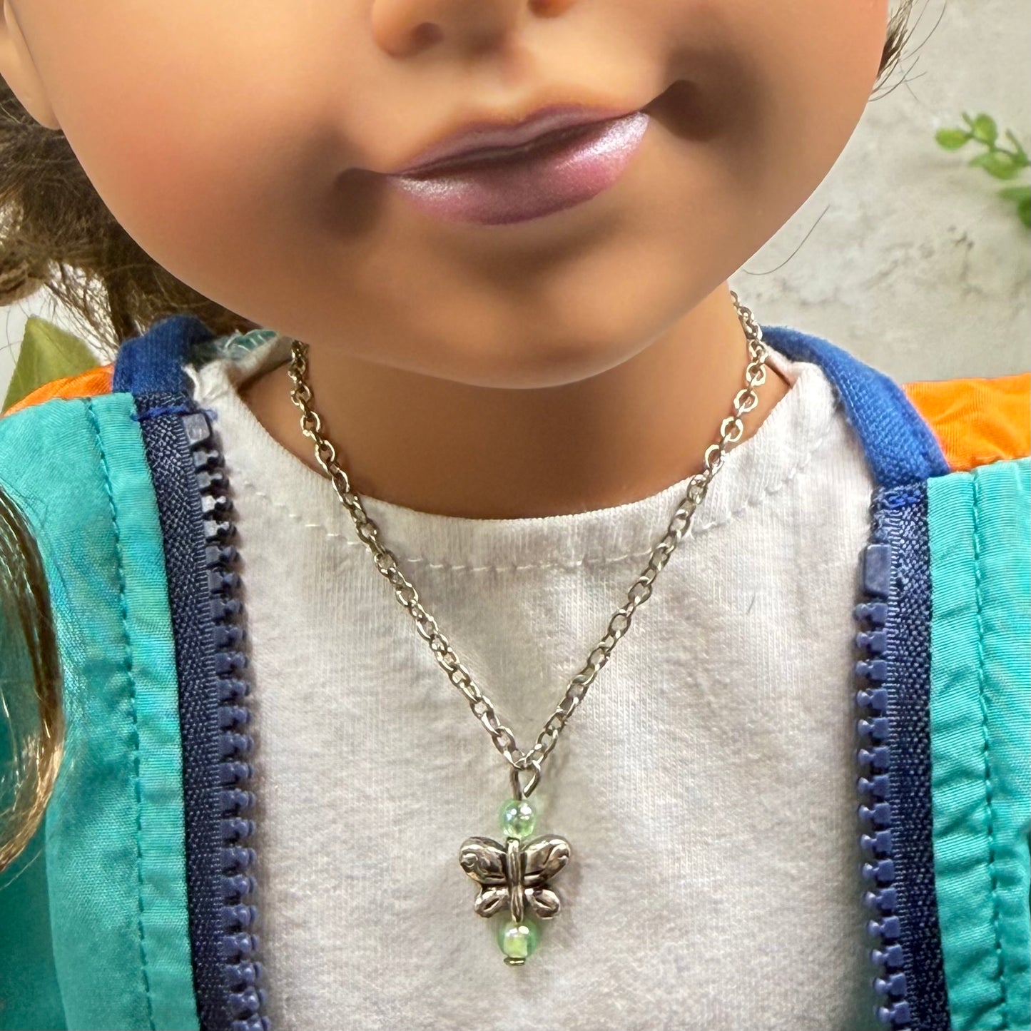 Butterfly Charm Green Bead Accents Silver Chain Doll Necklace • 18 Inch Fashion Doll Jewelry