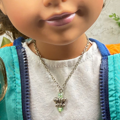 Butterfly Charm Green Bead Accents Silver Chain Doll Necklace • 18 Inch Fashion Doll Jewelry
