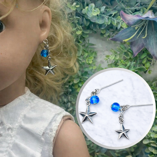 Blue Glass Silver Star Dangle Doll Earrings • 18 Inch Fashion Doll Jewelry