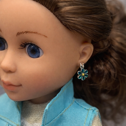 Turquoise Blue Flower Enamel Dangle Doll Earrings · 14 Inch Doll Jewelry