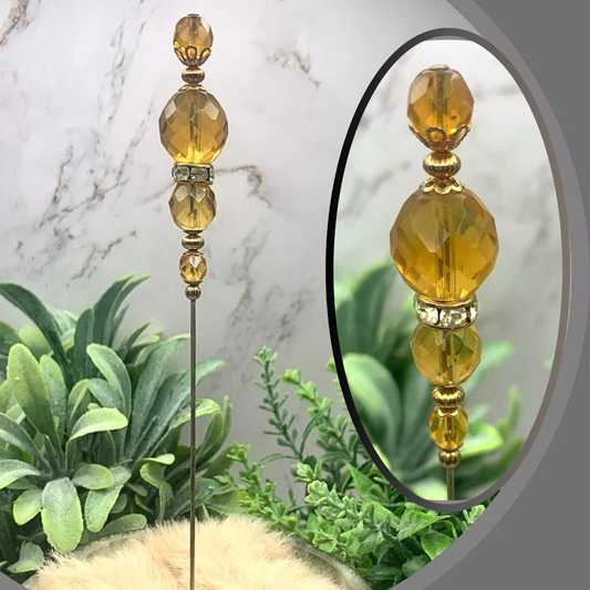 Gold Yellow Amber Color Crystal Rhinestone Beaded 8” Pin • Hatpin - Stick Pin