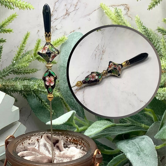 Black Teardrop Crystal Cloisonné Flower Floral Design Gold Filigree • 7” Hatpin
