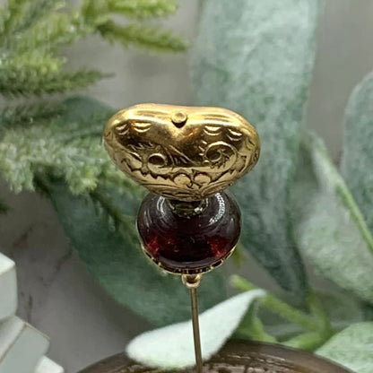 Gold Filigree Design Heart Burgundy Red Glass  Rhinestone - 6” Pin • Hatpin