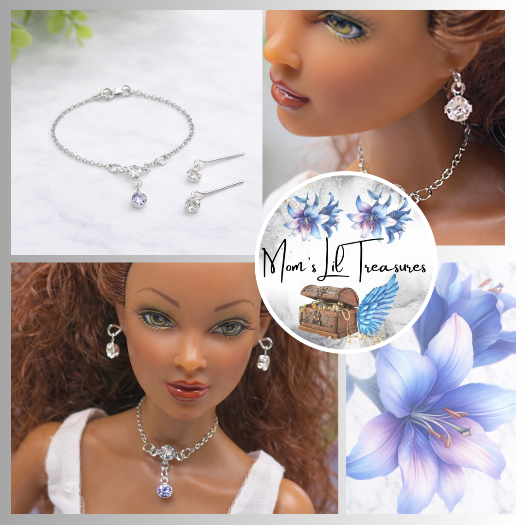 Clear & Light Purple Silver Doll Necklace & Earrings • 16 Inch Fashion Doll Jewelry