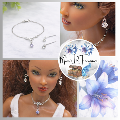 Clear & Light Purple Silver Doll Necklace & Earrings • 16 Inch Fashion Doll Jewelry