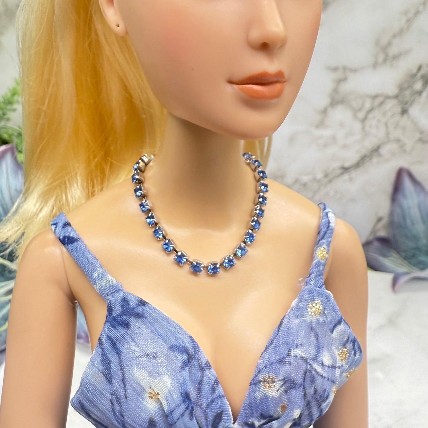 Blue Rhinestone Silver Doll Necklace • 16 Inch Fashion Doll Jewelry
