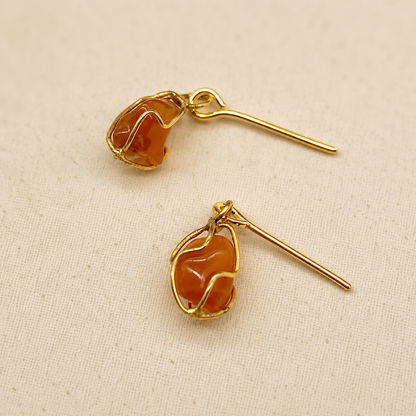 Red Orange Glass Stone Gold Tone  Cage Dangle Doll Earrings • 18” Doll Jewelry