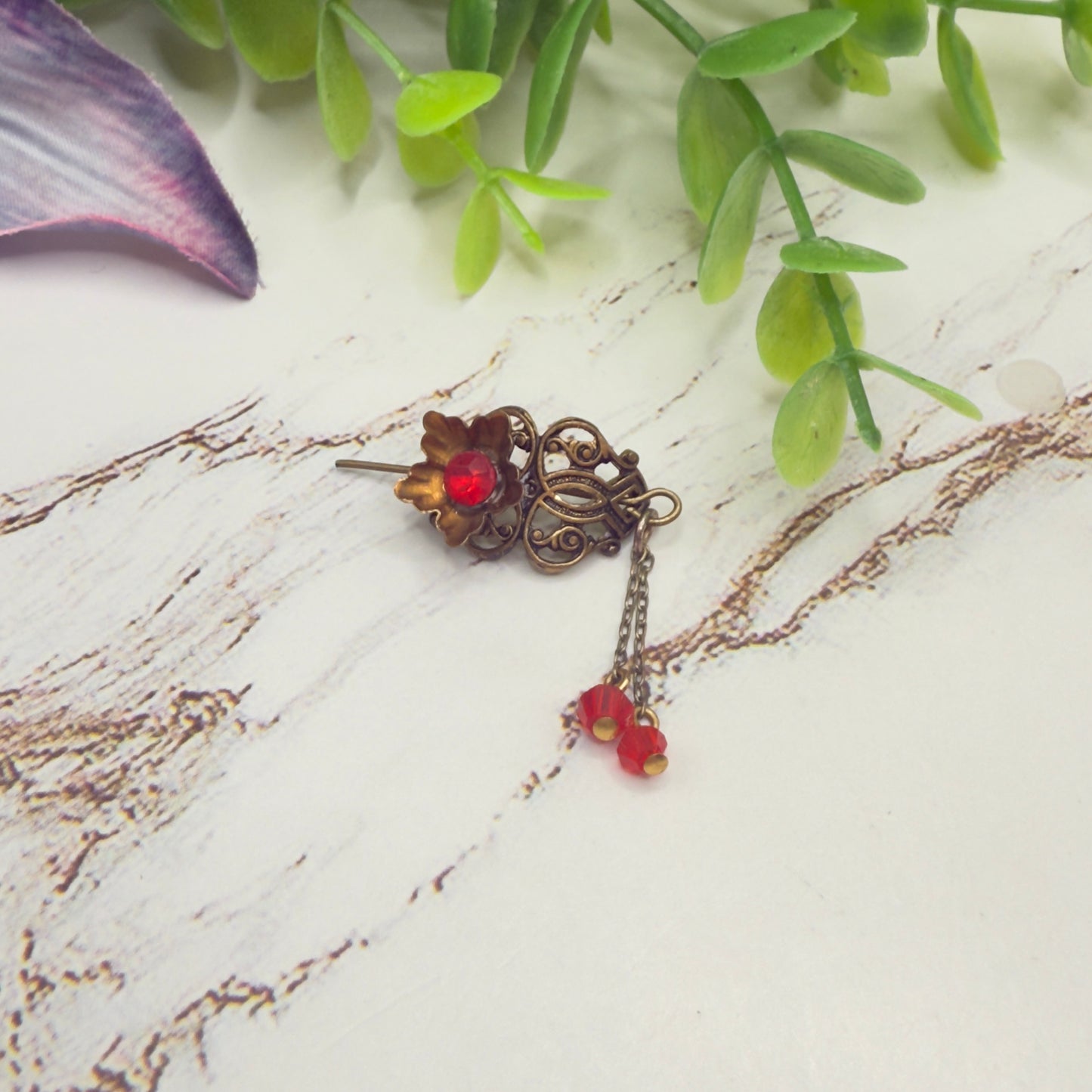 Red Rhinestone Crystal Dangles Bronze Brass Tone Metal Filigree Flower Design Doll Hair Stick • 14-18” Fashion Dolls • Doll Hair Accessories da