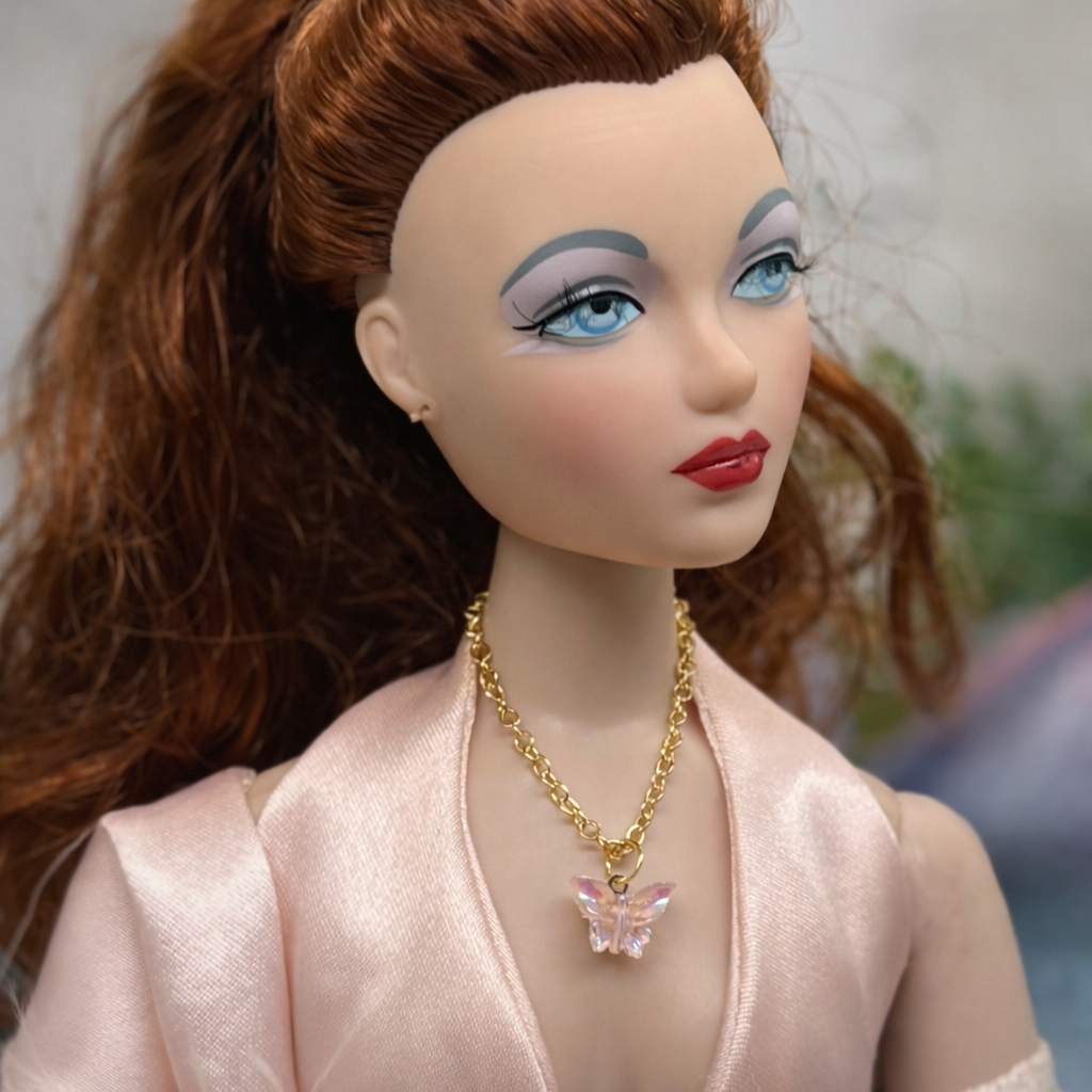 Light Pink Iridescent Acrylic Butterfly Charm Gold Doll Necklace for 16 Inch Fashion Dolls