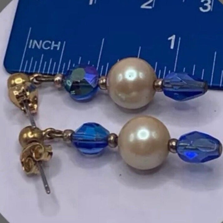 Pearl & Blue Crystal Drop Dangle Earrings - Gold Tone posts -  Handmade