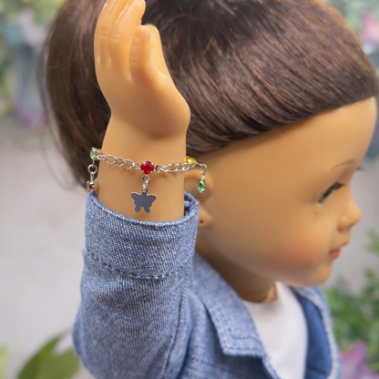 Butterfly Silver Charm and Multi-Color Rhinestone Dangle Doll Bracelet • 18 Inch Fashion Doll Jewelry