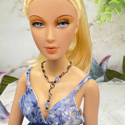 Blue Glass Crystal Gunmetal Silver Curved Link Doll Necklace • 16 Inch Fashion Doll Jewelry