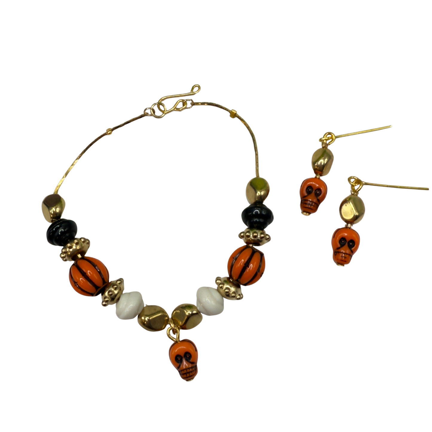 Skull Charm Halloween Acrylic Slide Bead Gold Chain Doll Necklace and Earrings Set • 18 Inch Fashion Doll Jewelry