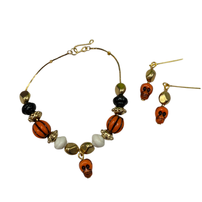 Skull Charm Halloween Acrylic Slide Bead Gold Chain Doll Necklace and Earrings Set • 18 Inch Fashion Doll Jewelry