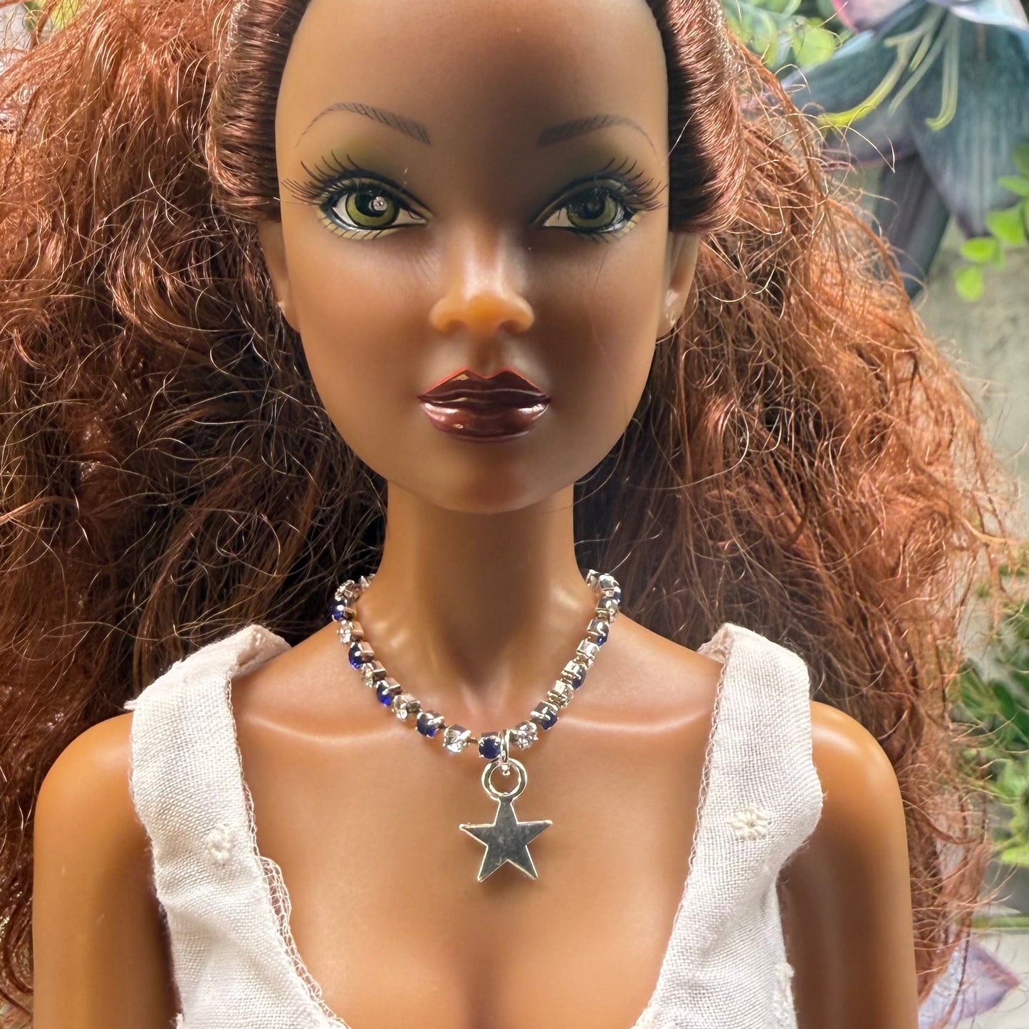 Blue & Clear Rhinestone Silver Star Charm Doll Necklace for 16 Inch Fashion Doll