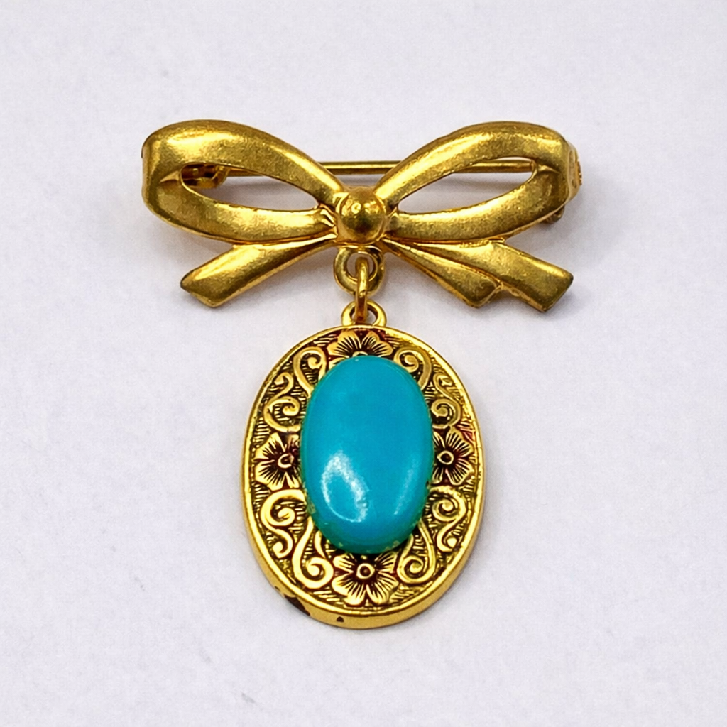 Gold Tone Turquoise Blue Pendant • Doll Brooch
