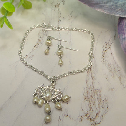 Silver Filigree Pearl Dangle Doll Necklace & Earrings Set • 18 Inch Fashion Doll Jewelry