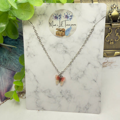 Coral Red Brown Gradient Butterfly Charm Silver Doll Necklace • 18 Inch Fashion Doll Jewelry