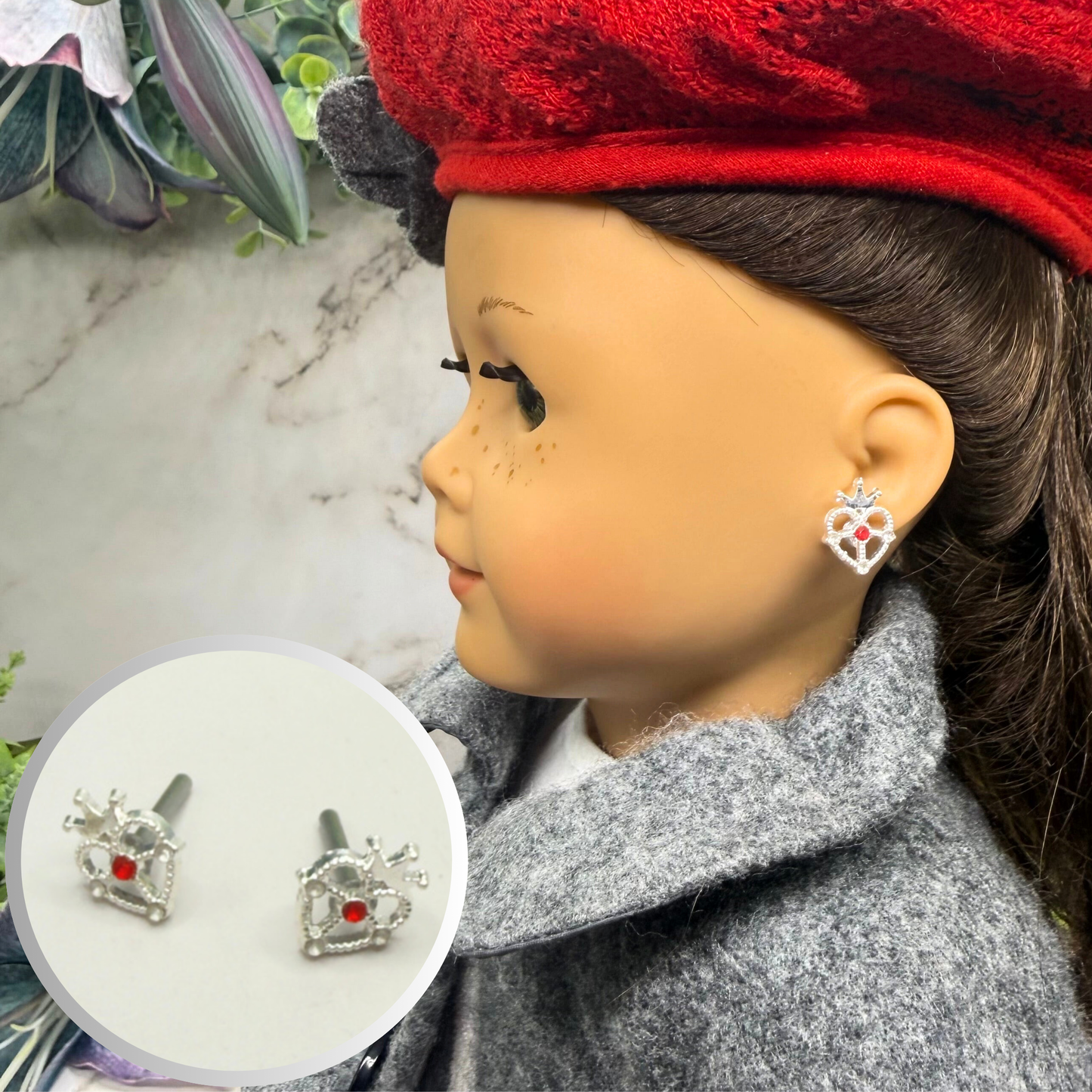Silver Heart w/ Crown Red Rhinestone Post Doll Earrings • 2mm Post for 18 Inch Fashion Doll