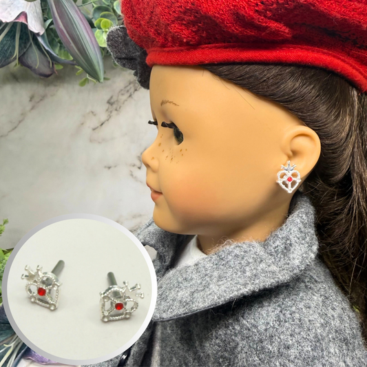 Silver Heart w/ Crown Red Rhinestone Post Doll Earrings • 2mm Post for 18 Inch Fashion Doll