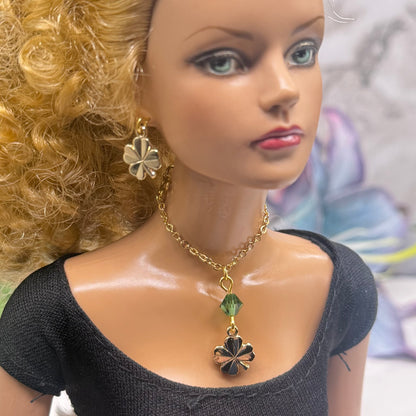 Clover Charm Green Crystal Pendant Gold Chain Doll Necklace • 16 Inch Fashion Doll Jewelry