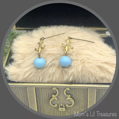 Round Blue Glass & Gold Fleur-de-lis Dangle Doll Earrings • 18” Doll Jewelry