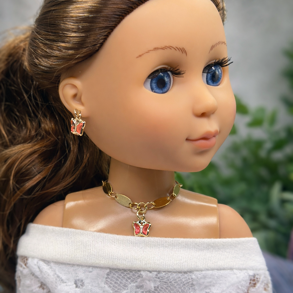 Pink Crystal Butterfly Charm Gold Oval Link Doll Necklace & Earrings • 14 Inch Fashion Doll Jewelry