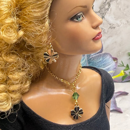 Clover Charm Green Crystal Pendant Gold Chain Doll Necklace • 16 Inch Fashion Doll Jewelry