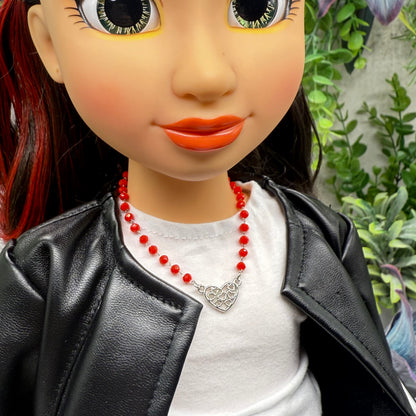 Red Glass Crystal Bead Silver Filigree Heart Charm Doll Necklace • 18 Inch Fashion Doll Jewelry