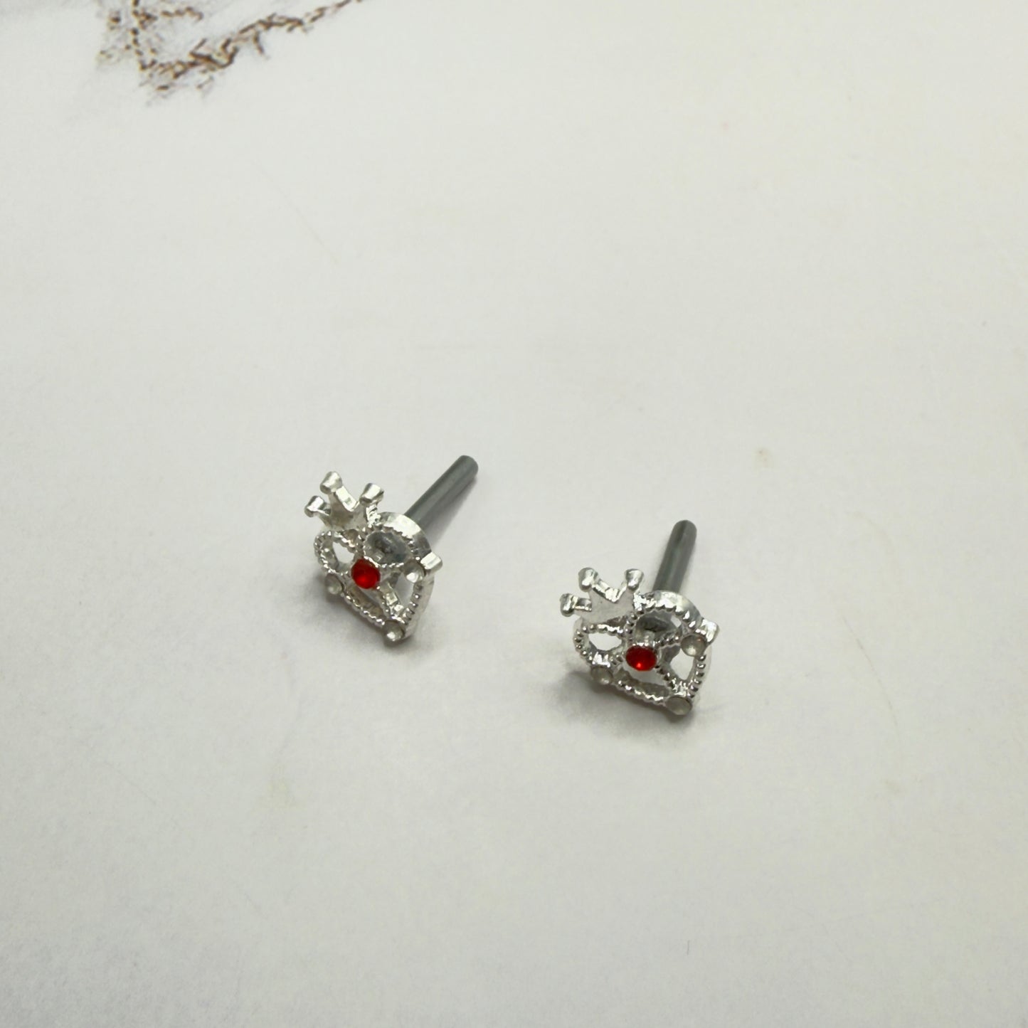 Silver Heart w/ Crown Red Rhinestone Post Doll Earrings • 2mm Post for 18 Inch Fashion Doll
