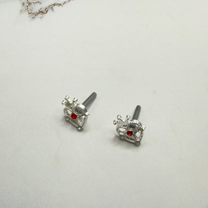 Silver Heart w/ Crown Red Rhinestone Post Doll Earrings • 2mm Post for 18 Inch Fashion Doll