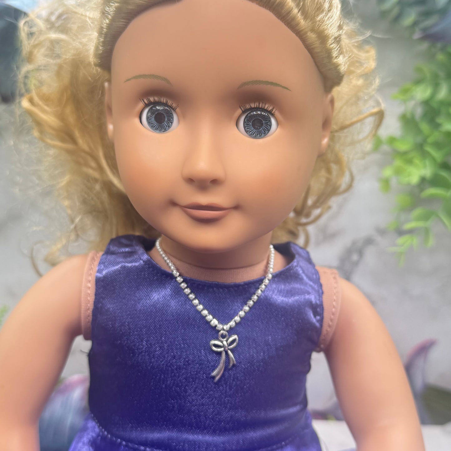 Tiny Pearl Cup Chain Silver Necklace Silver Bow Ribbon Charm Doll Necklace for 18 Inch Fashion Doll Jewelry