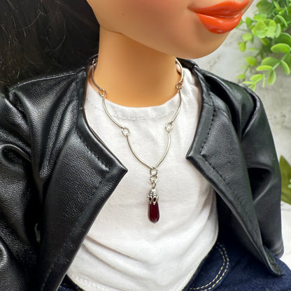 Dark Ruby Red Glass Teardrop Pendant Doll Necklace • 18 Inch Fashion Doll Jewelry
